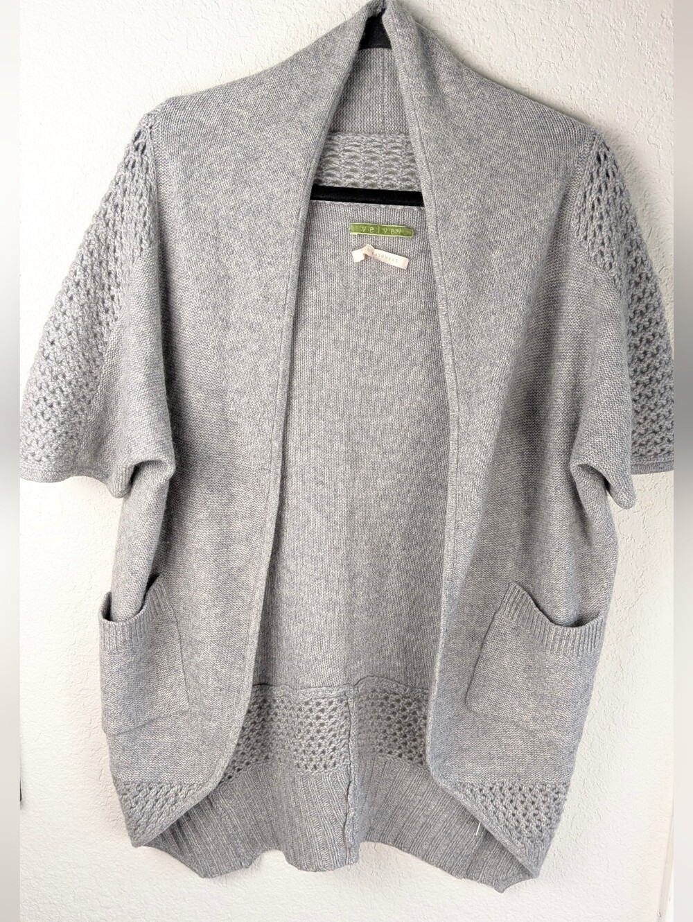 Velvet 100% Cashmere Draped Cardigan M Short Sleeve Gray Crochet Details Soft